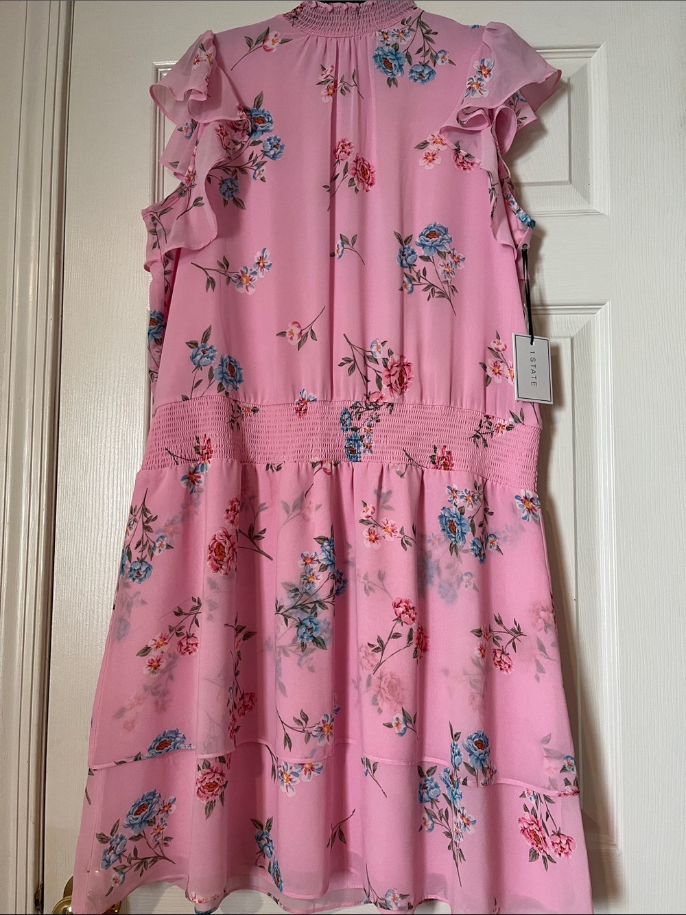 1. State Pink Floral Smocked-Neck Ruffle Midi Dress